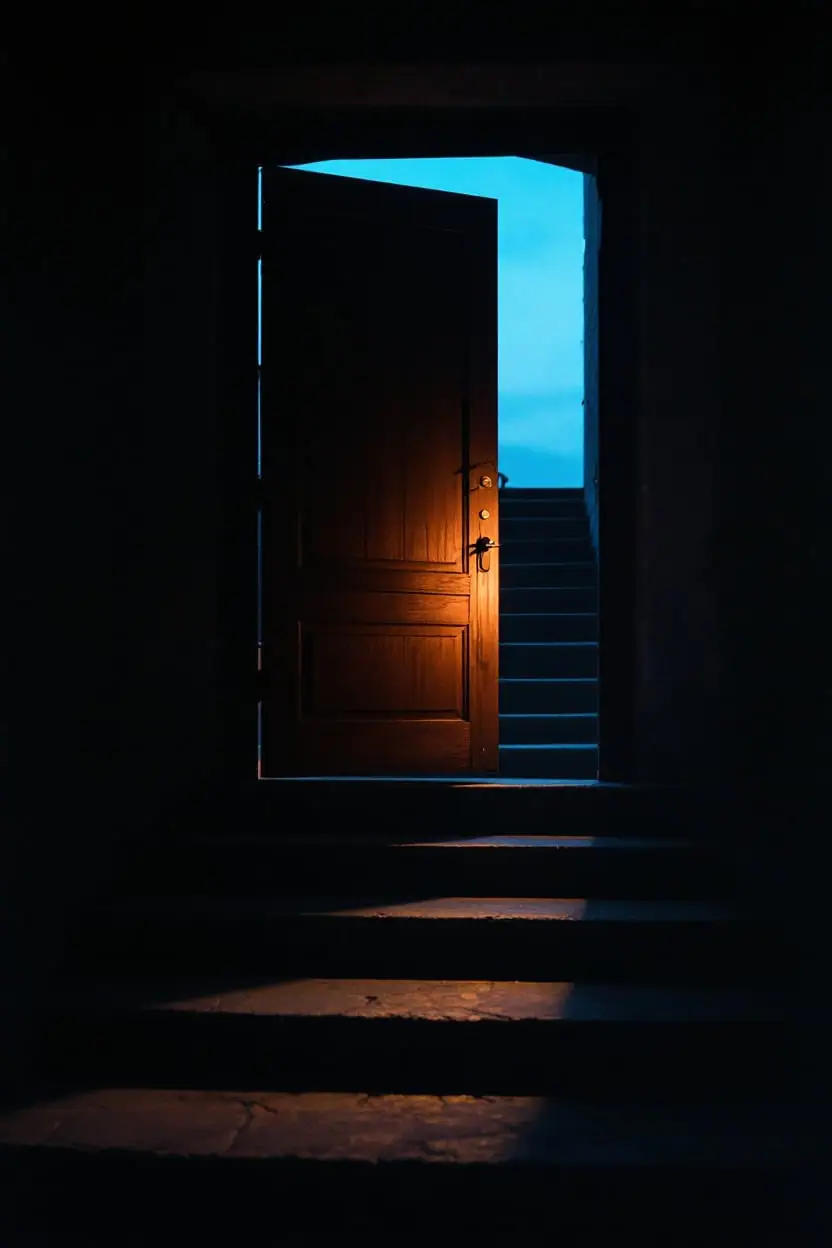A heavy wooden door ajar on a dark stone stairwell with a thin line of lamplight