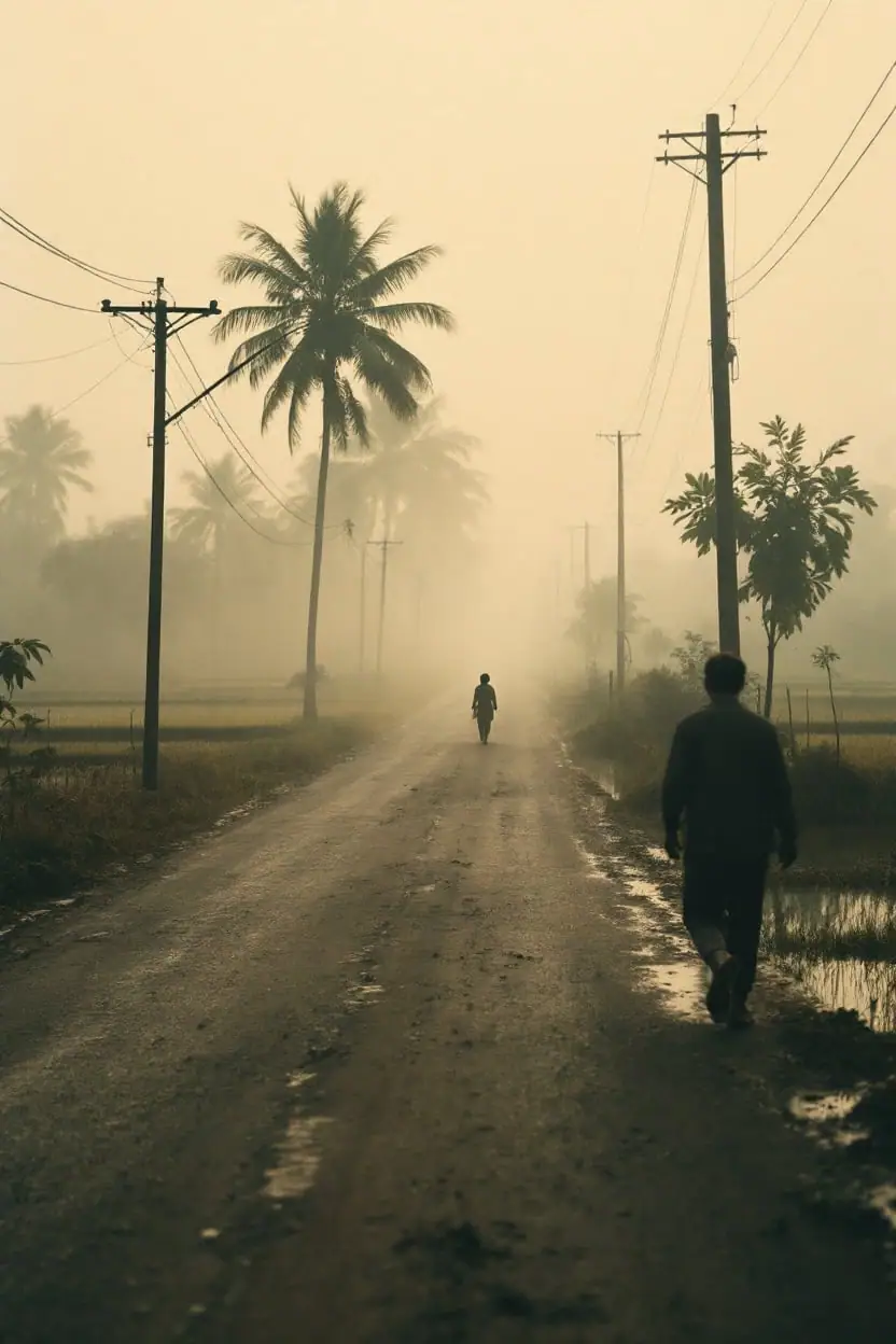 Empty country road between rice paddies fading into white heat haze under a pale sky