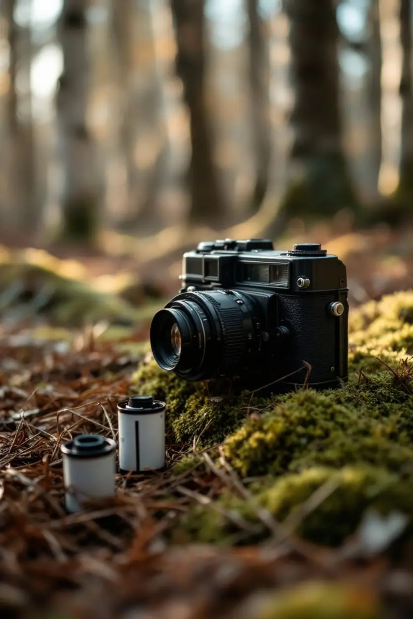 Old folding camera and film canisters on moss and pine needles in a birch forest